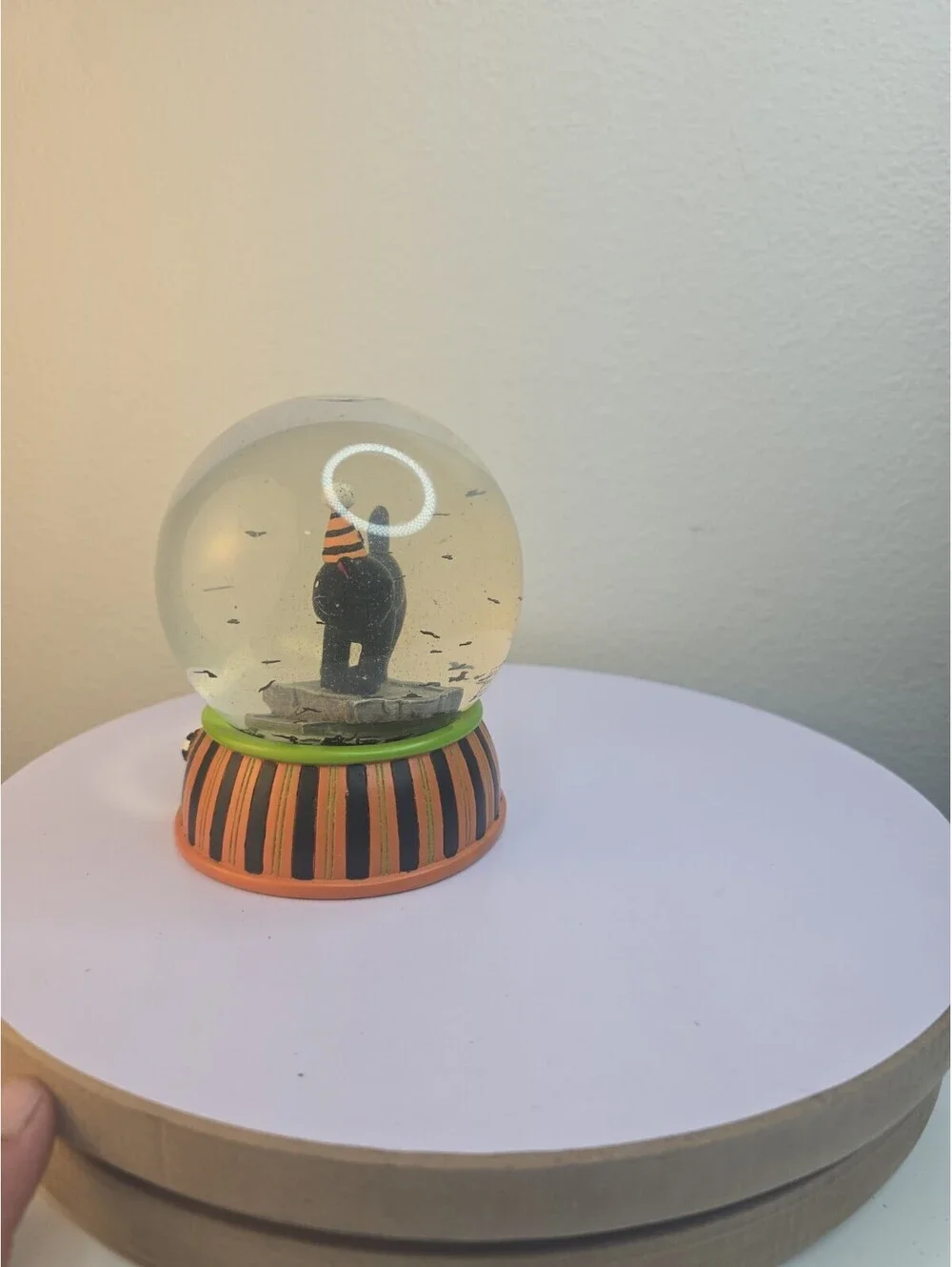 Vintage Halloween Black Cat Snow Globe Water Globe Party Hat Striped Spider Base